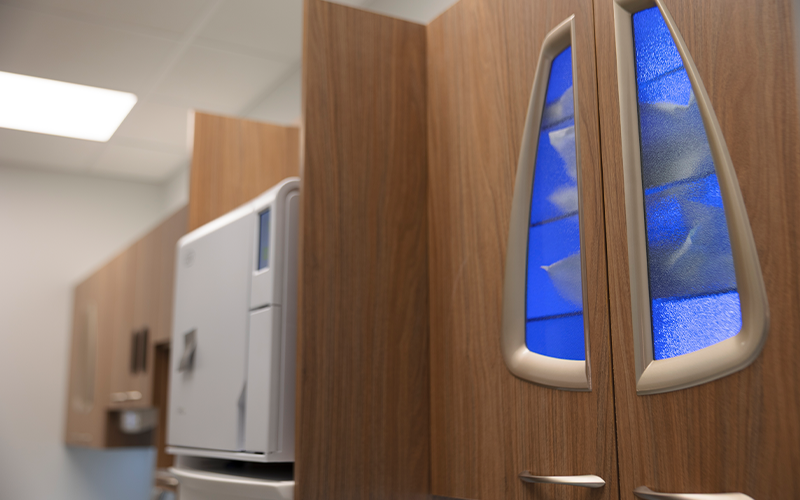 Wooden storage cabinets in the dental office